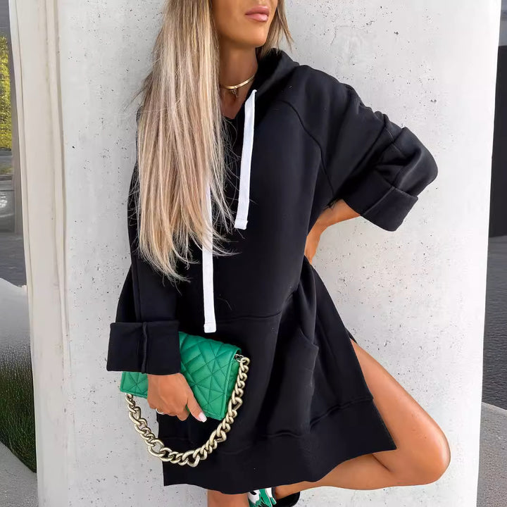 Dame hoodie kjole med hætte og sideskår Stilla