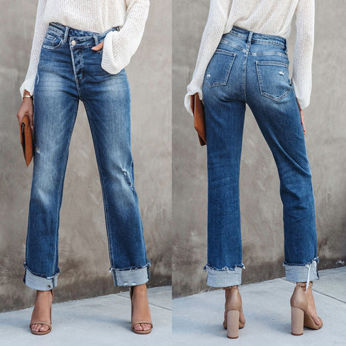 Dame High-Waist Jeans med afslappet Wide-Leg-snit og frynset ender Stilla