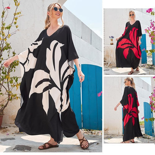 Dame Maxi-Kaftan med blomsterdesign og V-udskæring Stilla