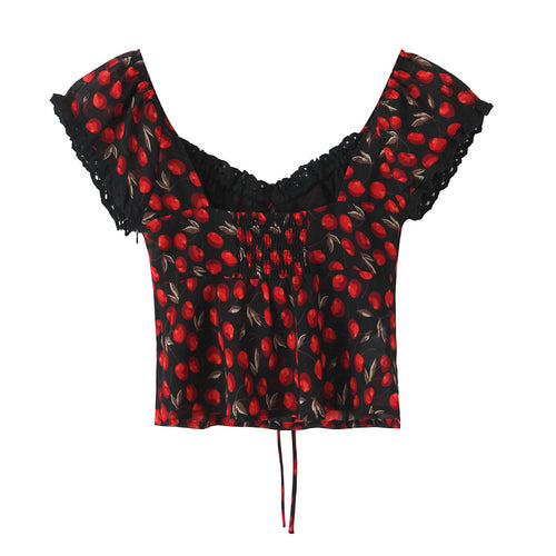 Dame Crop-top med ruffle-detaljer og blomsterdesign Stilla