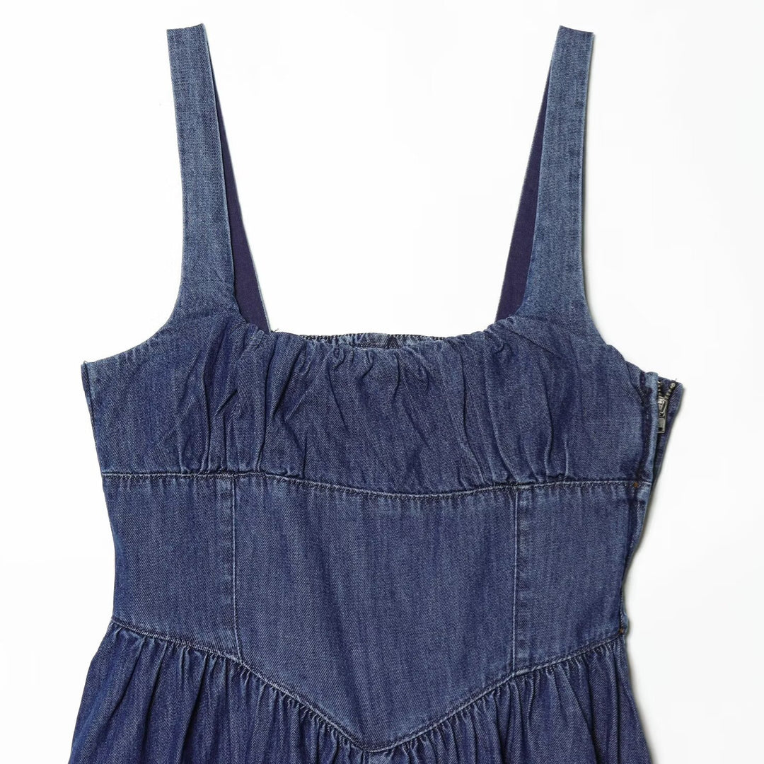 Dame Denim Maxikjole med svingende skørt og justerbare stropper Skovae