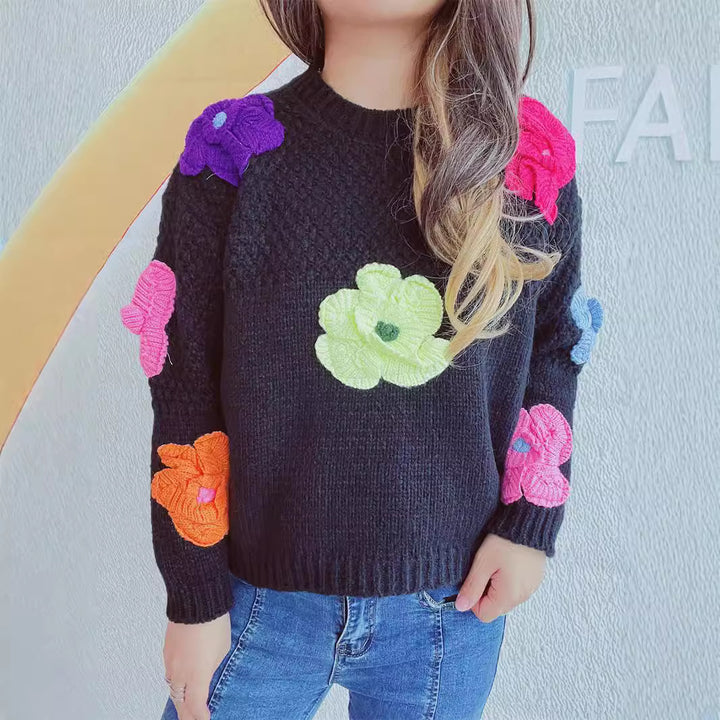 Kvinder afslappet sweater med farverige blomsterapplikationer Stilla