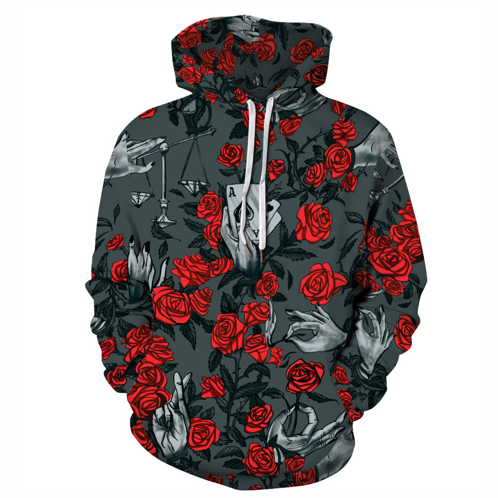 Dame hættetrøje med unikt rosemotiv og kontrastfarvede prints Stilla