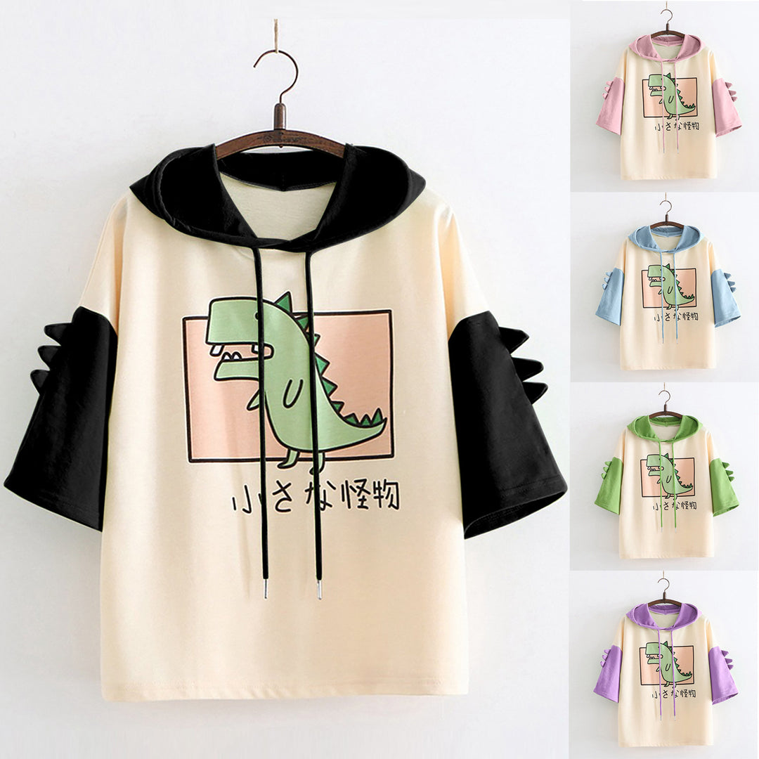 Dame Hoodie-T-shirt med spændende dino-design og stilige 3D-rugfløjter Stilla