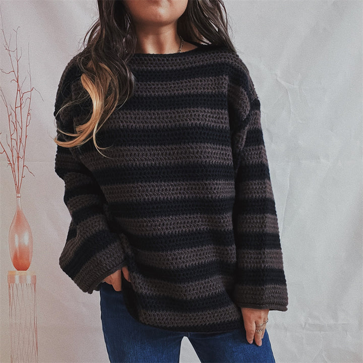 Kvinders afslappede chunky strikket sweater med moderne stribet mønster Stilla