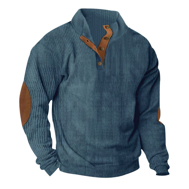 Herren nan ribbet bomuldsblanding pullover med ståkrave, knapliste og læderlook albuelapper Skovae