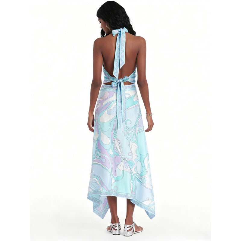 Damen Halterkleid mit asymmetrischem Saum und auffälligem Grafikdruck Skovae