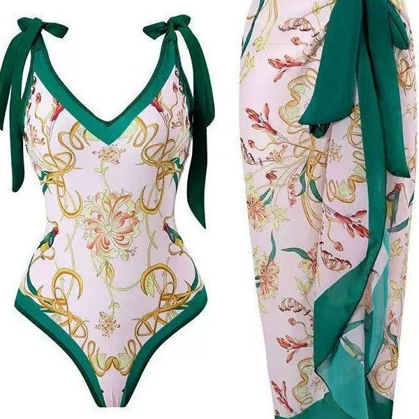 Dame badedragter med blomstret design og gennemsigtig omslagskørt Skovae