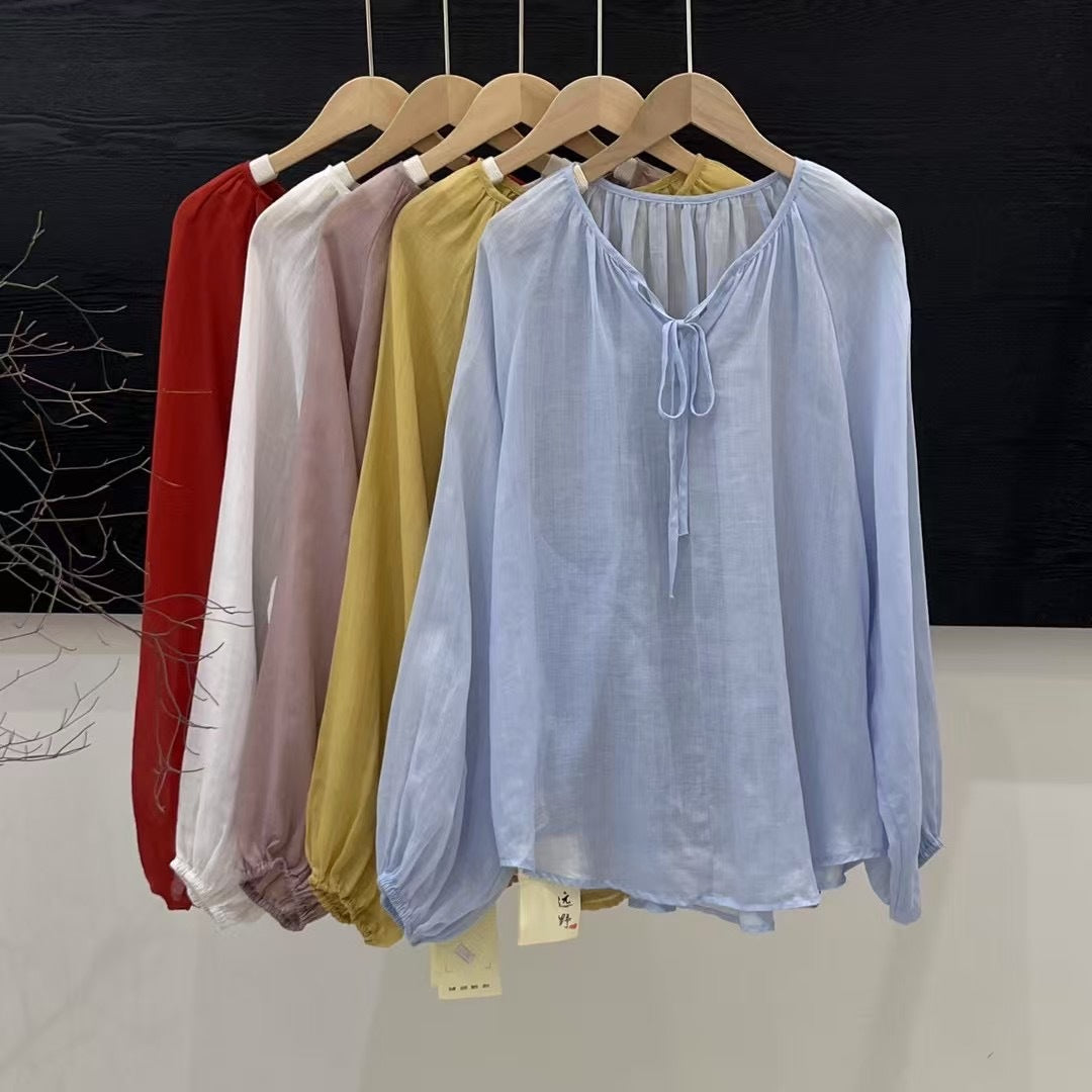 Femme Elegante Langærmet bluse med justerbar knude Stilla