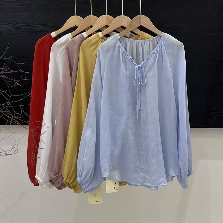 Femme Elegante Langærmet bluse med justerbar knude Stilla