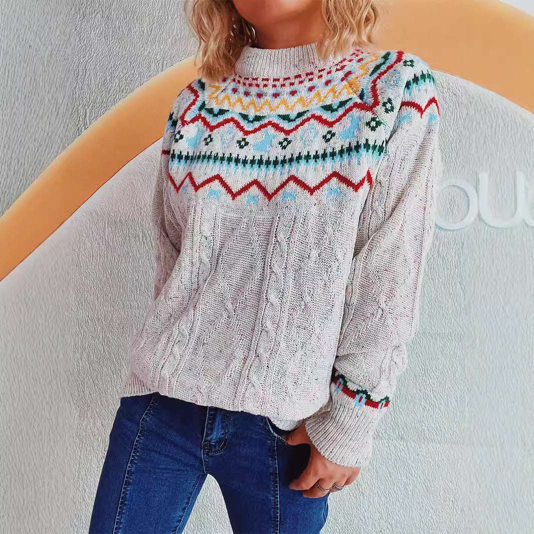 Kvinders strikkede sweater med højhals krave og grafisk design Stilla