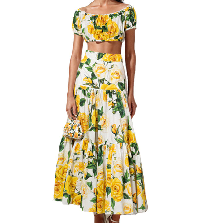 Dame To-delt Blomster-Sæt med let Crop-Top og voluminøs Nederdel Stilla