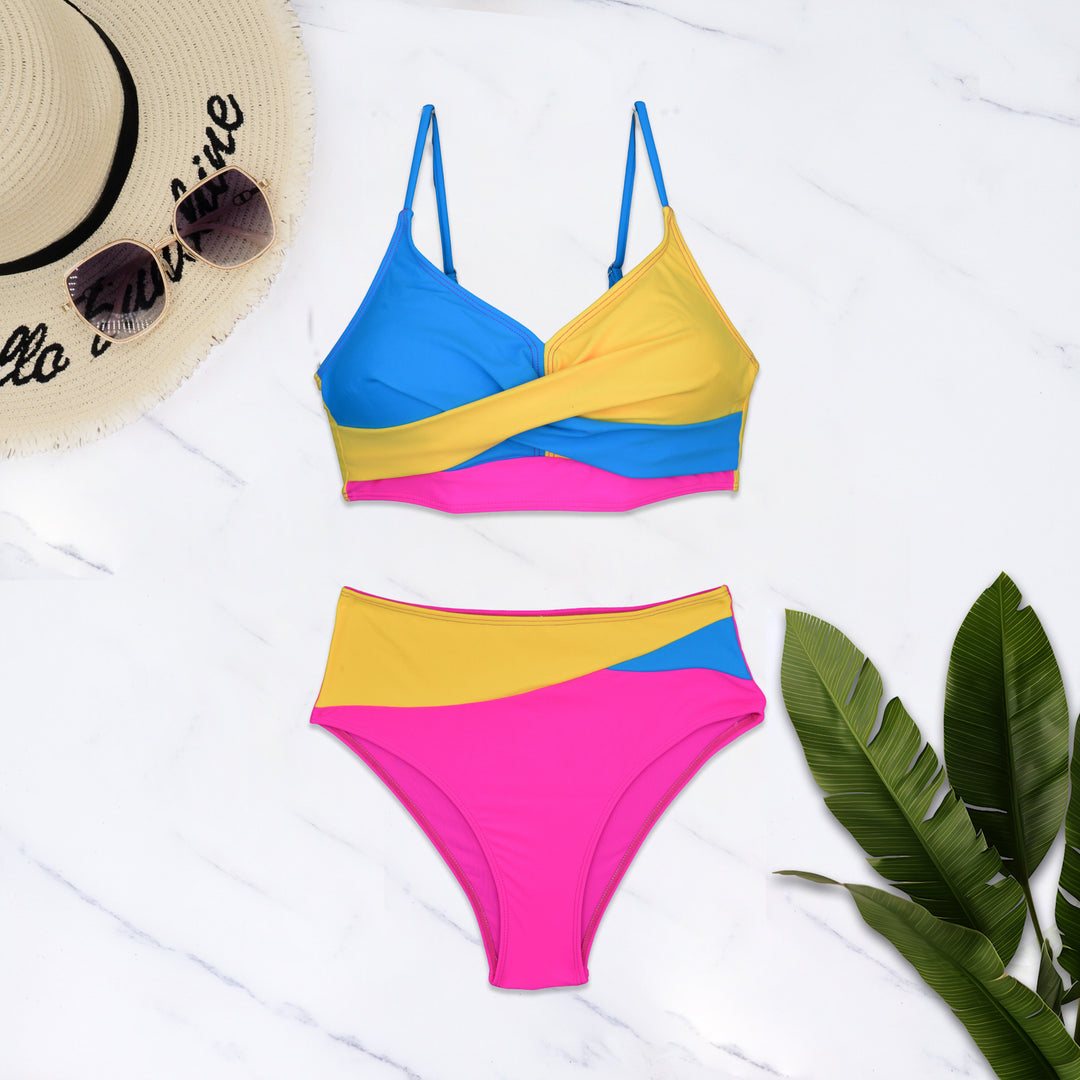 Damer Farverig mønstret Bikini med krydset design og høj talje Stilla