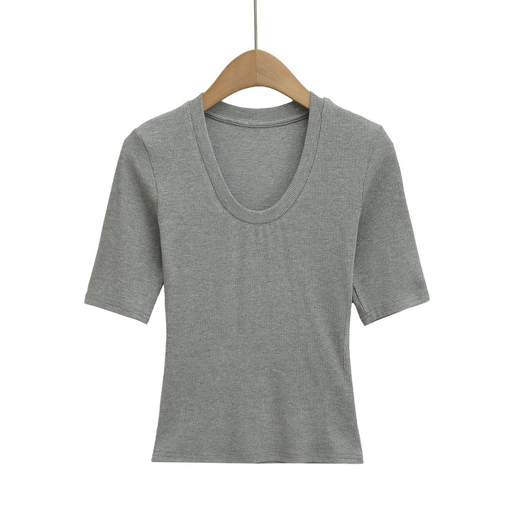 Dame Kortærmet T-shirt med dyb rundhalsudskæring og elastisk rib-materiale Stilla