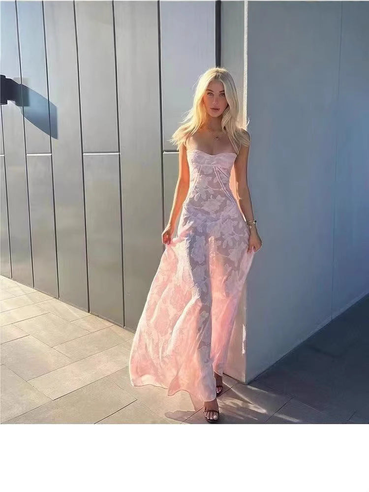 Dame Maxikjole i gennemsigtigt spidsestof med florale motiver Stilla