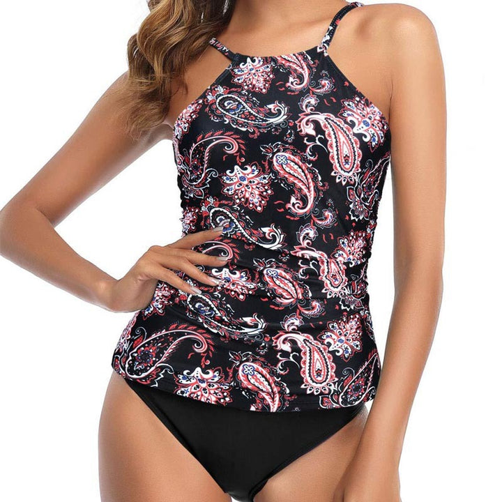 Dame Tankini-top med elegant rynkning og blomsterdesign Skovae
