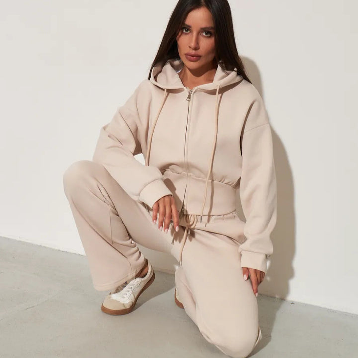 Kvinders afslappede hoodie top og brede sweatpants sæt med høj talje og lynlås Skovae