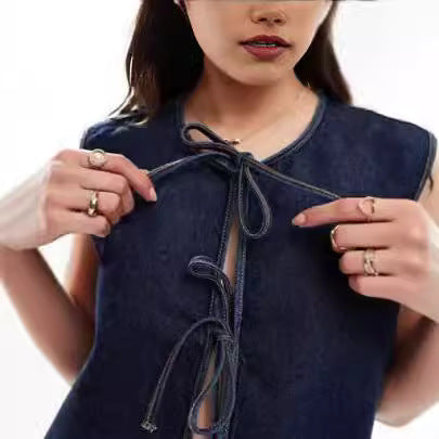 Dame Denim Vest med Raffinerede Bindebånd Stilla