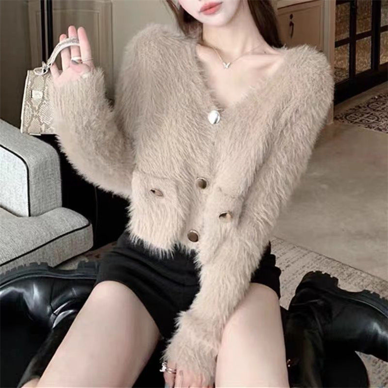 Femme Fluffy Tekstur Knappet Cardigan Stilla