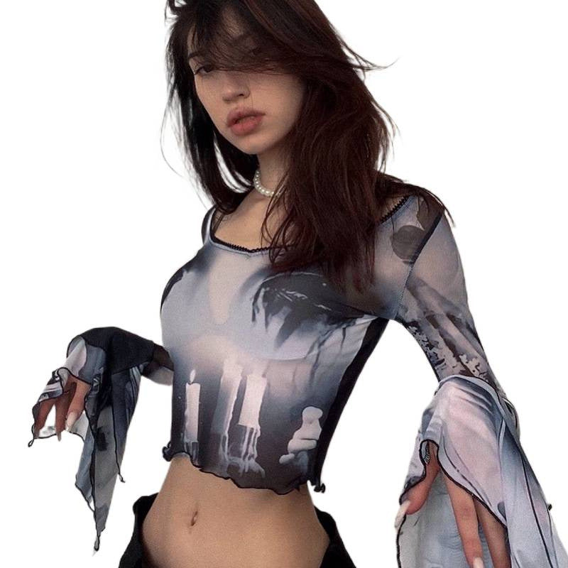 Dame Langærmet Crop-Top med kreative grafik-printdetaljer og udvidede ærmer Skovae
