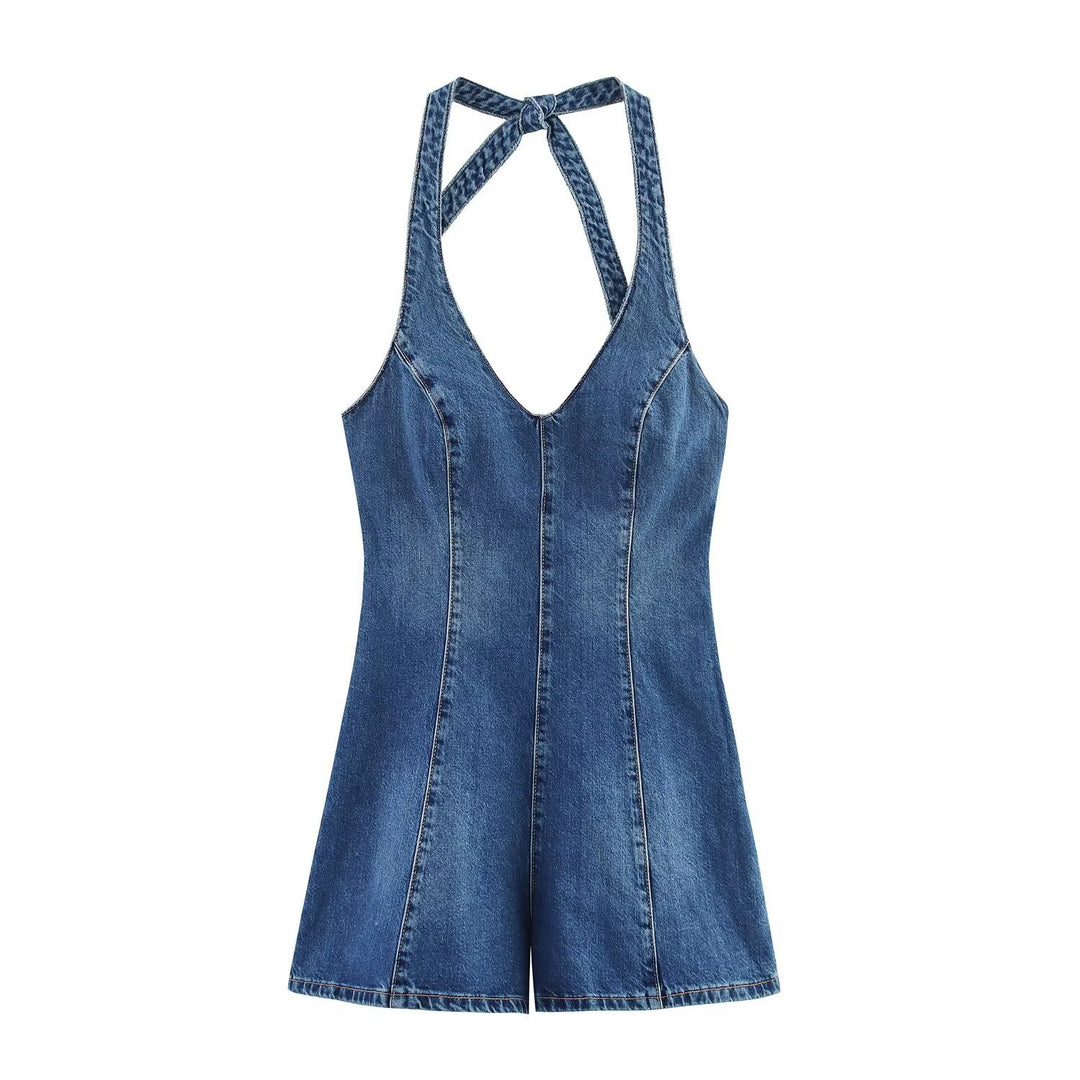 Dame jumpsuit i denim med krydsstropper Skovae