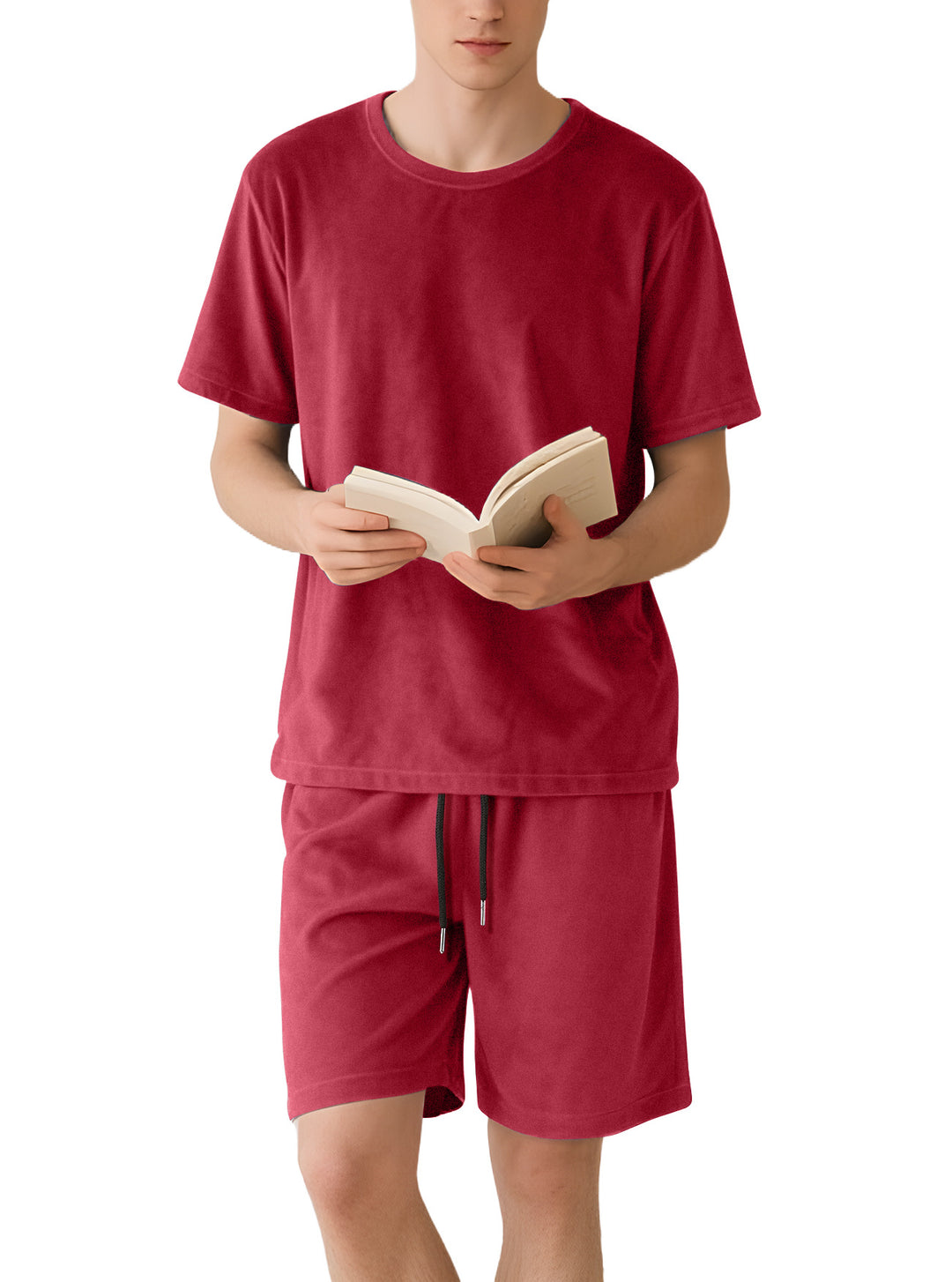 Herren nan Samtvelours Lounge-Sæt med Rundhals-Kortærmet T-shirt og Snorshorts Skovae