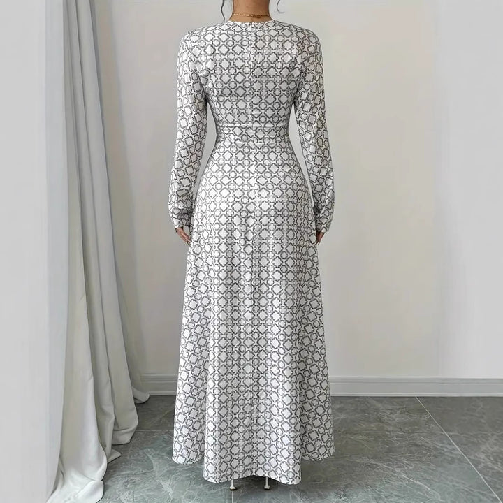 Dame elegant maxikjole med dyb V-udskæring og moderne mønster Stilla