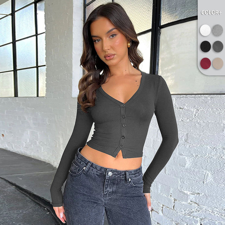 Dame ribstrik bluse med knapliste og figursyet snit Stilla