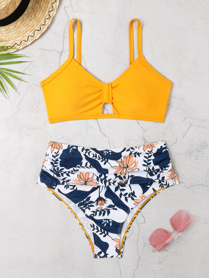Dame bikini-sæt med blomster-høj talje og moderne knude Skovae