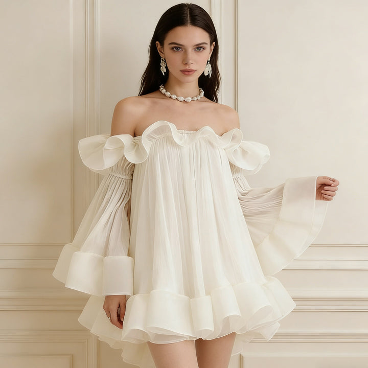 Damer Legesjovet romantisk minikjole med volanter og off-shoulder design Skovae