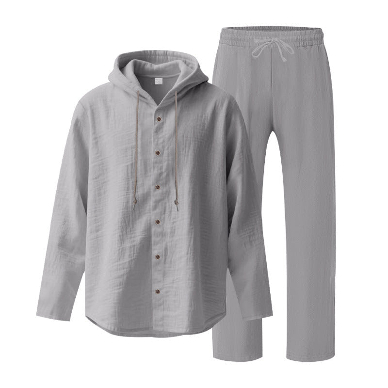 Herrer to-delt lounge-sæt med knap-hoodie skjorte af crepe jersey og lige tunnelbånd bukser Skovae