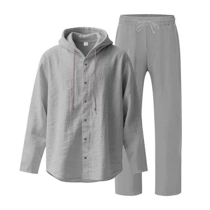 Herrer to-delt lounge-sæt med knap-hoodie skjorte af crepe jersey og lige tunnelbånd bukser Skovae