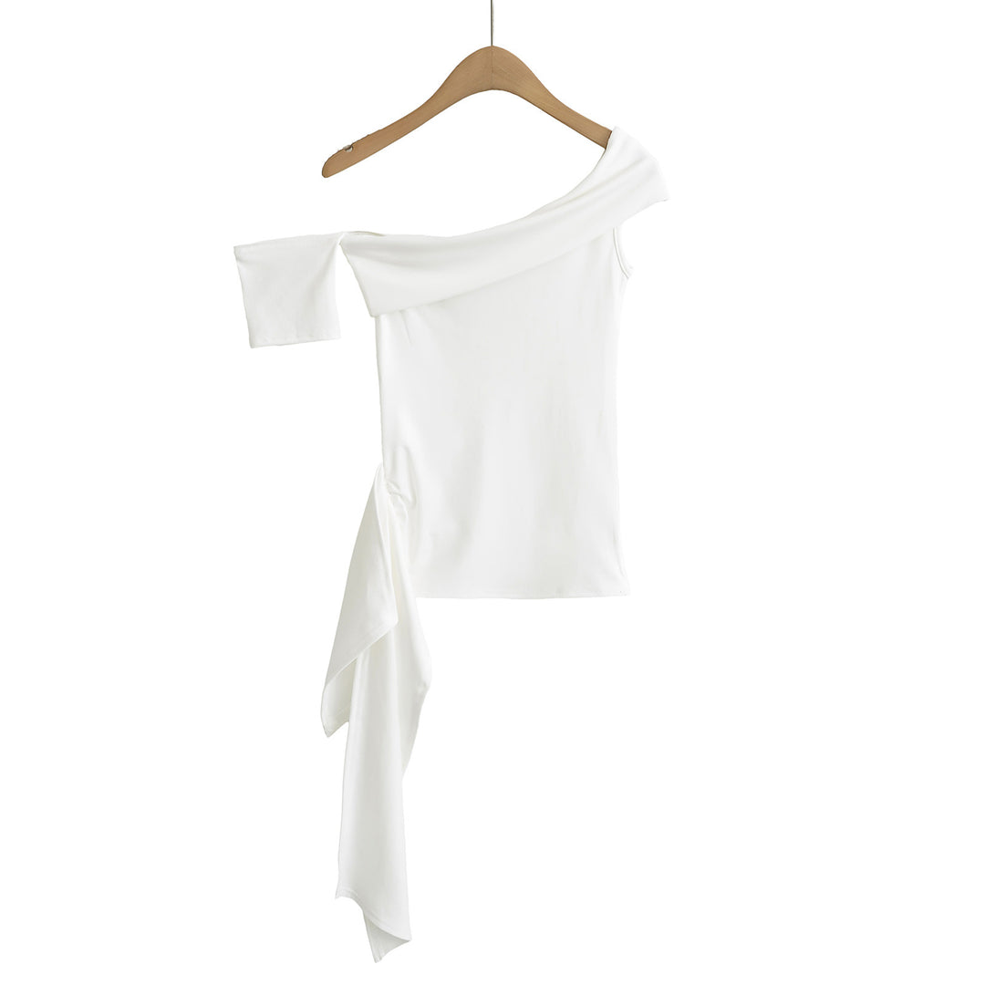 Damer elegant Off-Shoulder overdel med svingende kant og moderne bindebælte Stilla