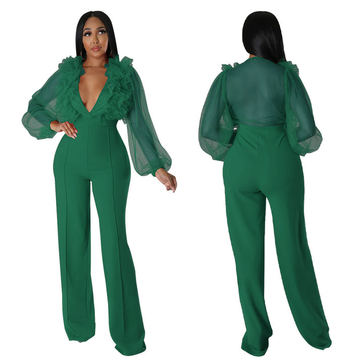 Dame Elegant Jumpsuit med voluminøse flæseærmer og højhalset krave Stilla