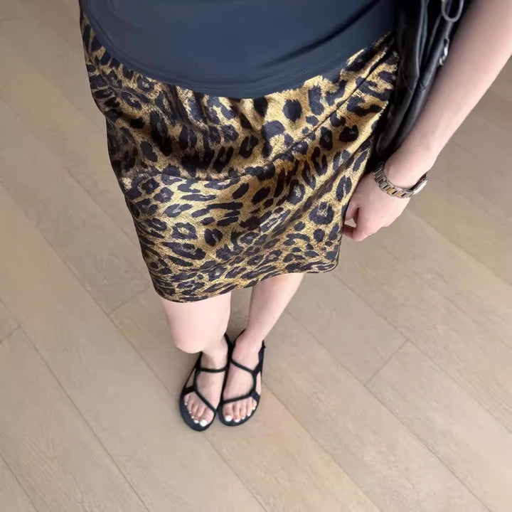 Dame leopardmønster nederdel med elastisk talje Stilla