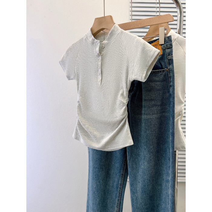Femme Kortærmet Rynkning Henley Overdel med Knapdetalje Stilla