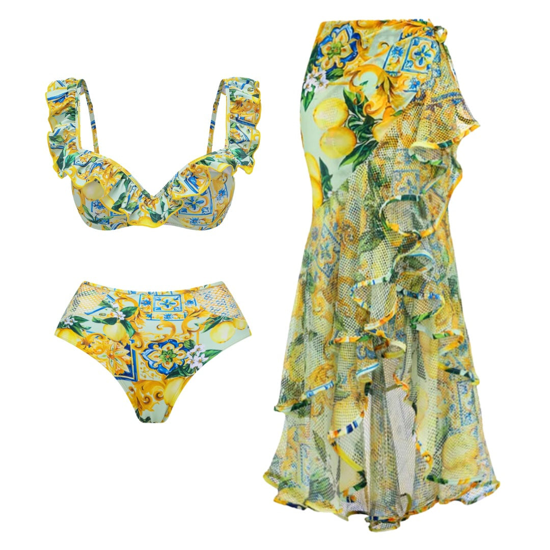 Dame bikinisæt med elegant ruflede design og maxi nederdel skovae