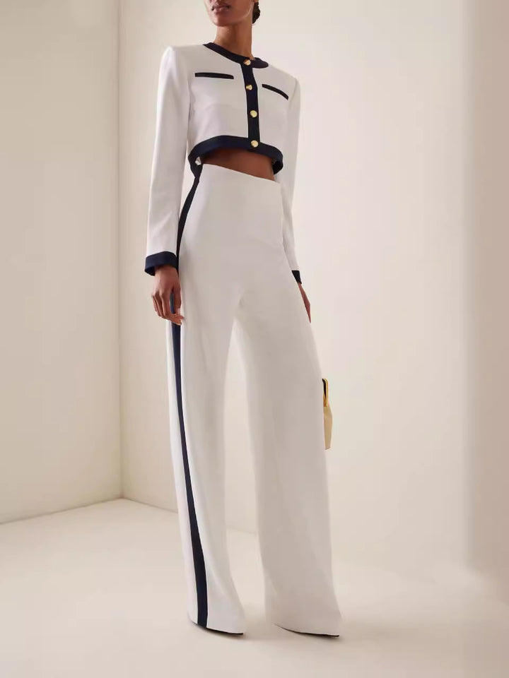 Dame elegant cropped blazer sæt med vidde bukser og gyldne knapper Stilla