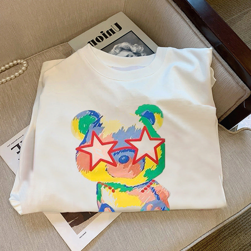 Dame T-shirt med farverigt bjørnemotiv og trendy stjernetryk Stilla