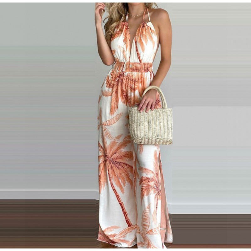 Kvinder Bohemian Halterneck Maxi Jumpsuit med siden slids Stilla