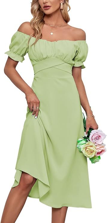 Dame off-shoulder midikjole med puffærmer og asymmetrisk kant Stilla