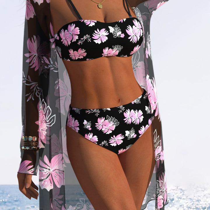 Dame Bikini-sæt med blomstret design og transparent strandjakke Skovae