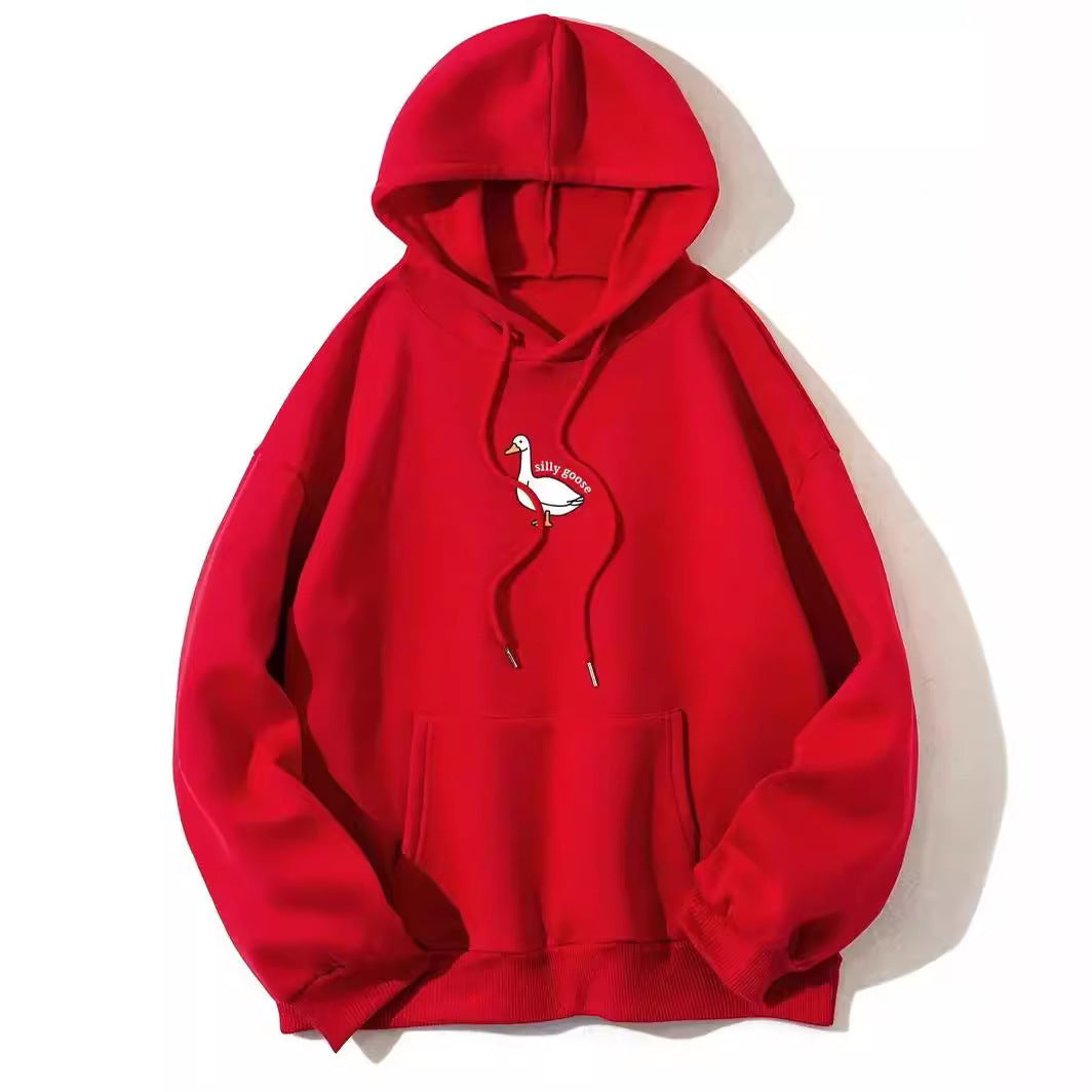 Dame hoodie med kreativ gåsemotiv og blødt fleece indeni Stilla