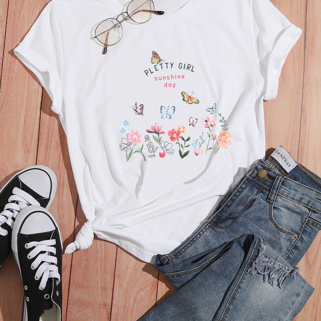Kvinders t-shirt med legende blomsterprint og elegant print Stilla
