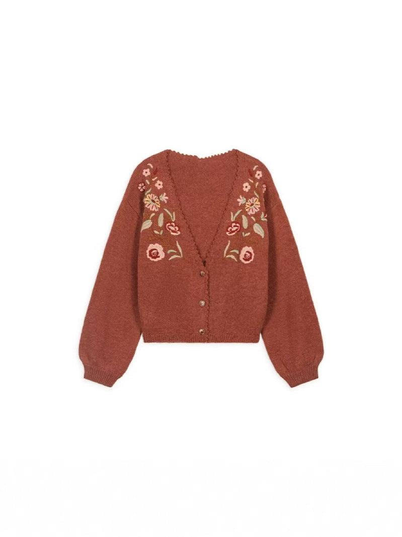 Dame strikjakke med florale broderier og knapstolpe Stilla