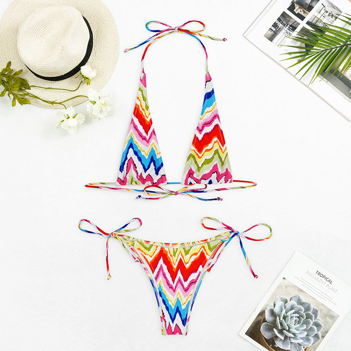 Dame Triangel-Bikini-Sæt med legende bølkemønster og justerbare bindebånd Stilla