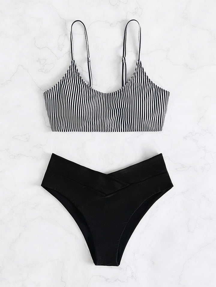 Dame Sport-Bikini-Sæt med Stribemønster og Høj Talje Skovae