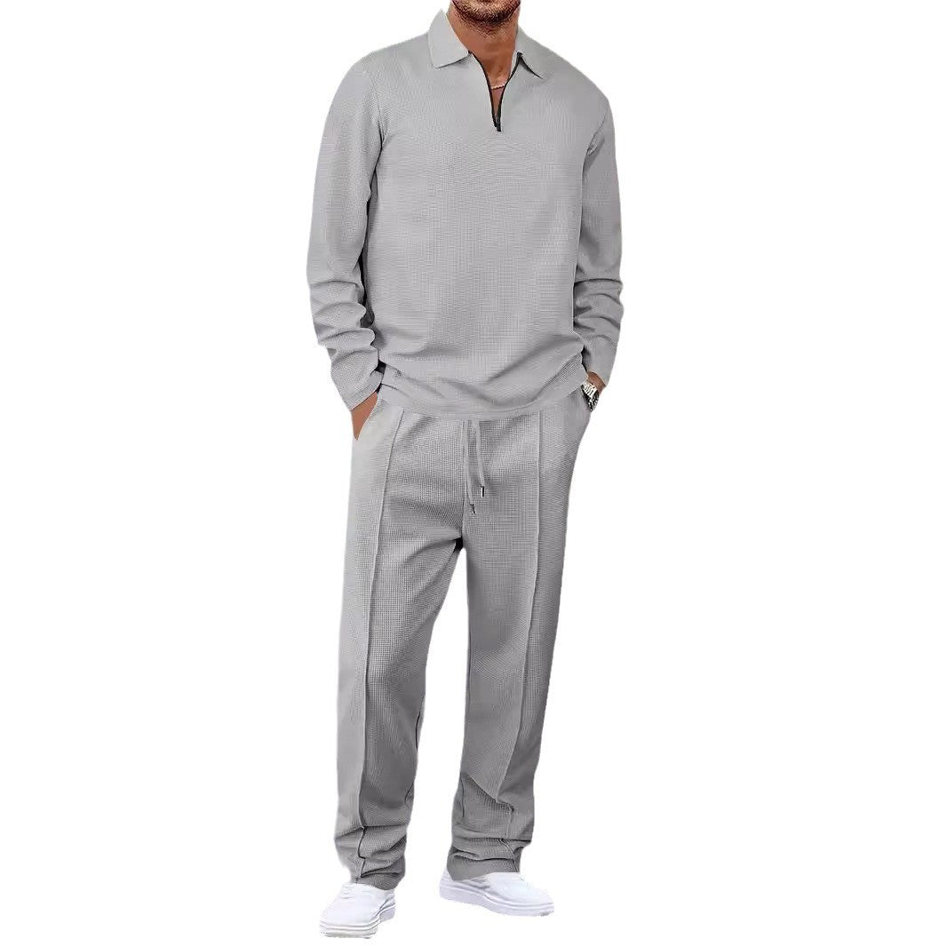 Unisex nan Vaffelstruktur Fritids-sæt med Halvzip-Polo-shirt og elastisk Bundbukser Skovae
