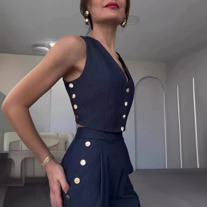Dame crop-top med elegante knapper og højtaljede bukser Stilla
