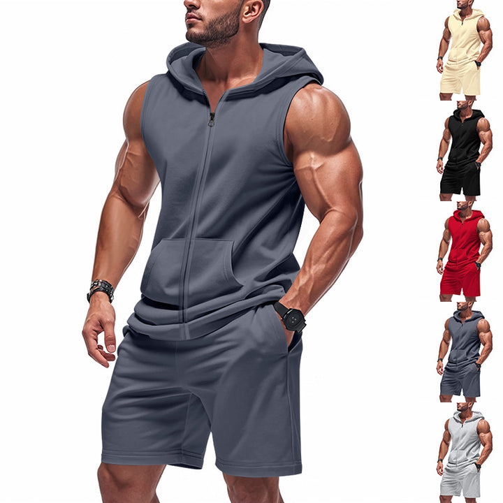 Herre nan sporty hættetrøje sæt med ærmeløs sweatshirt, gennemgående lynlås og træningsshorts Skovae